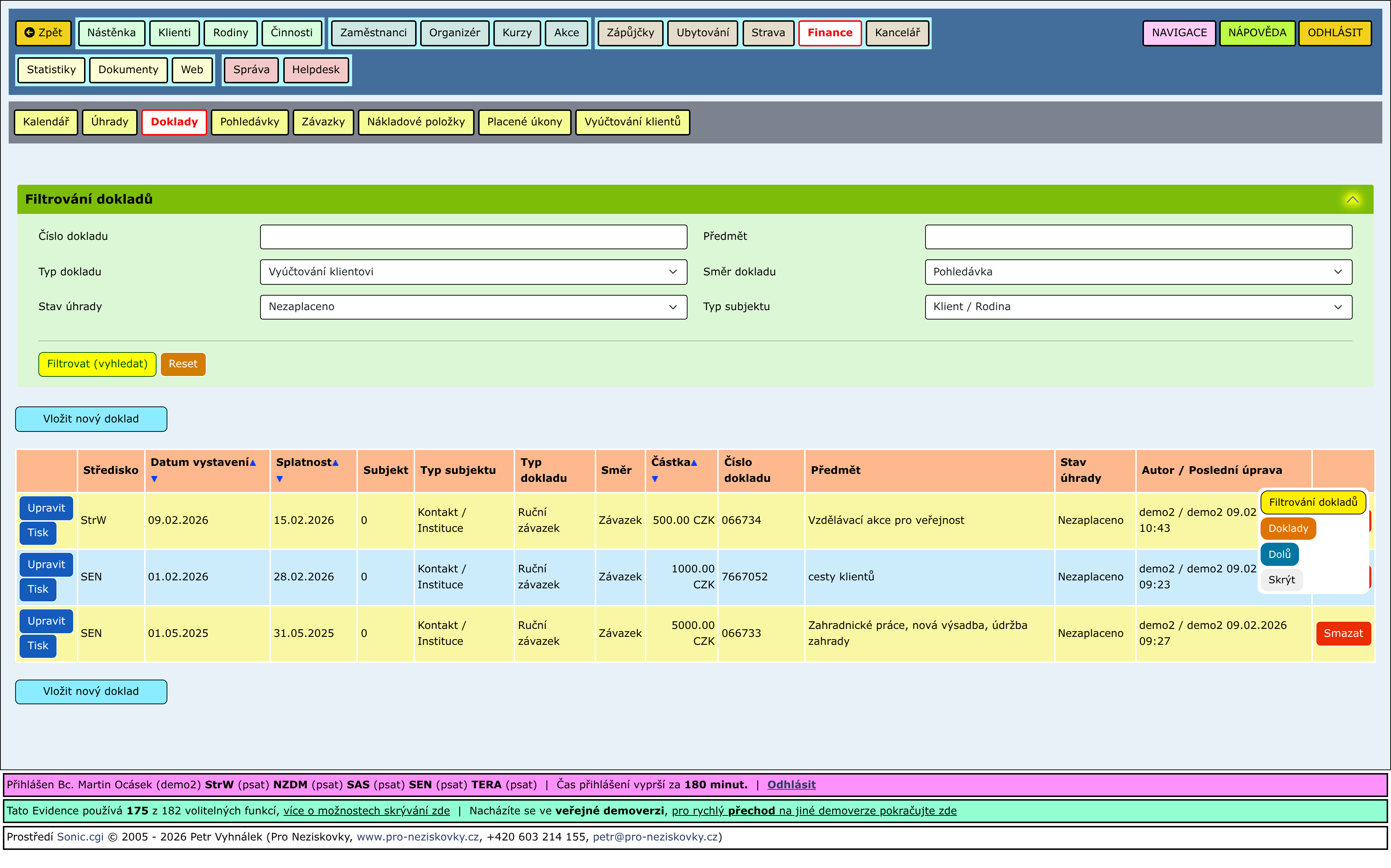 Rozbalené části stránky