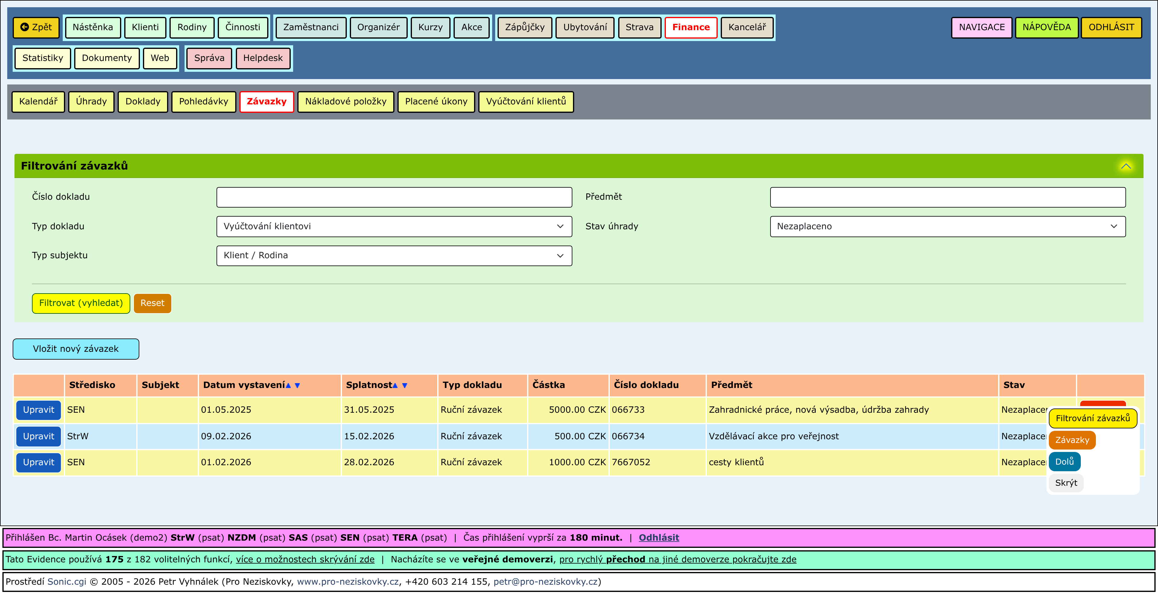 Rozbalené části stránky