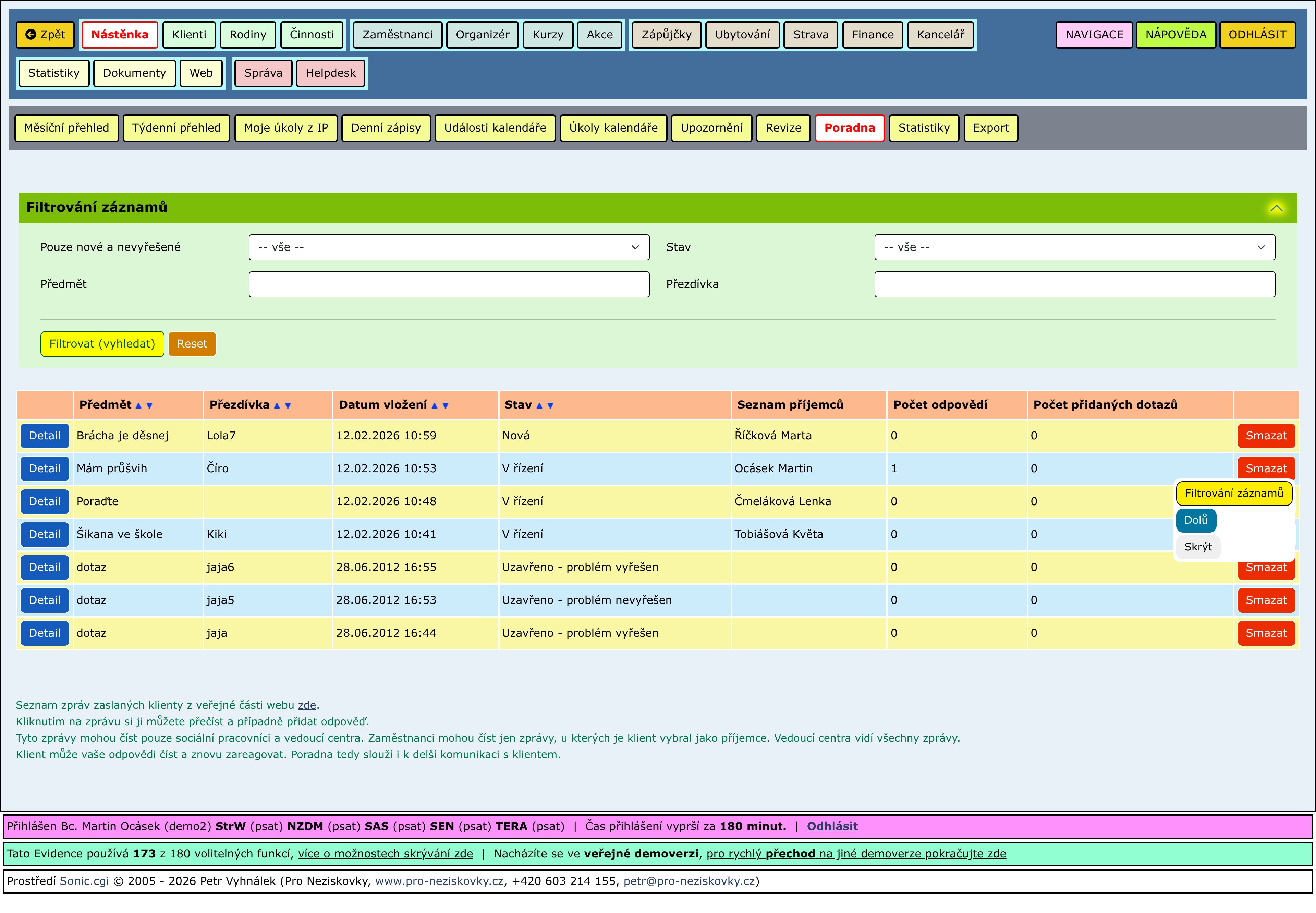 Rozbalené části stránky