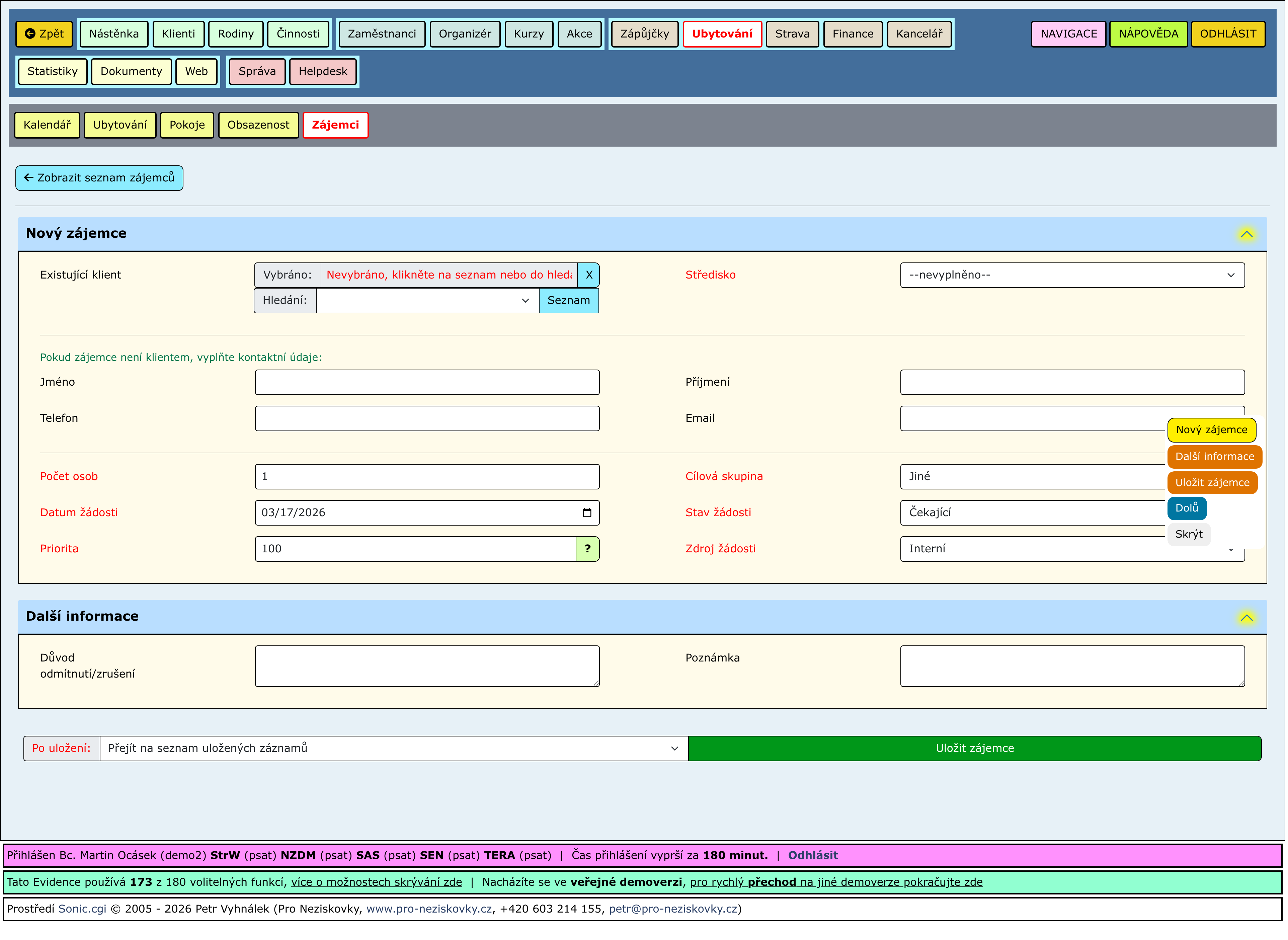 Nový záznam s rozbalenými částmi