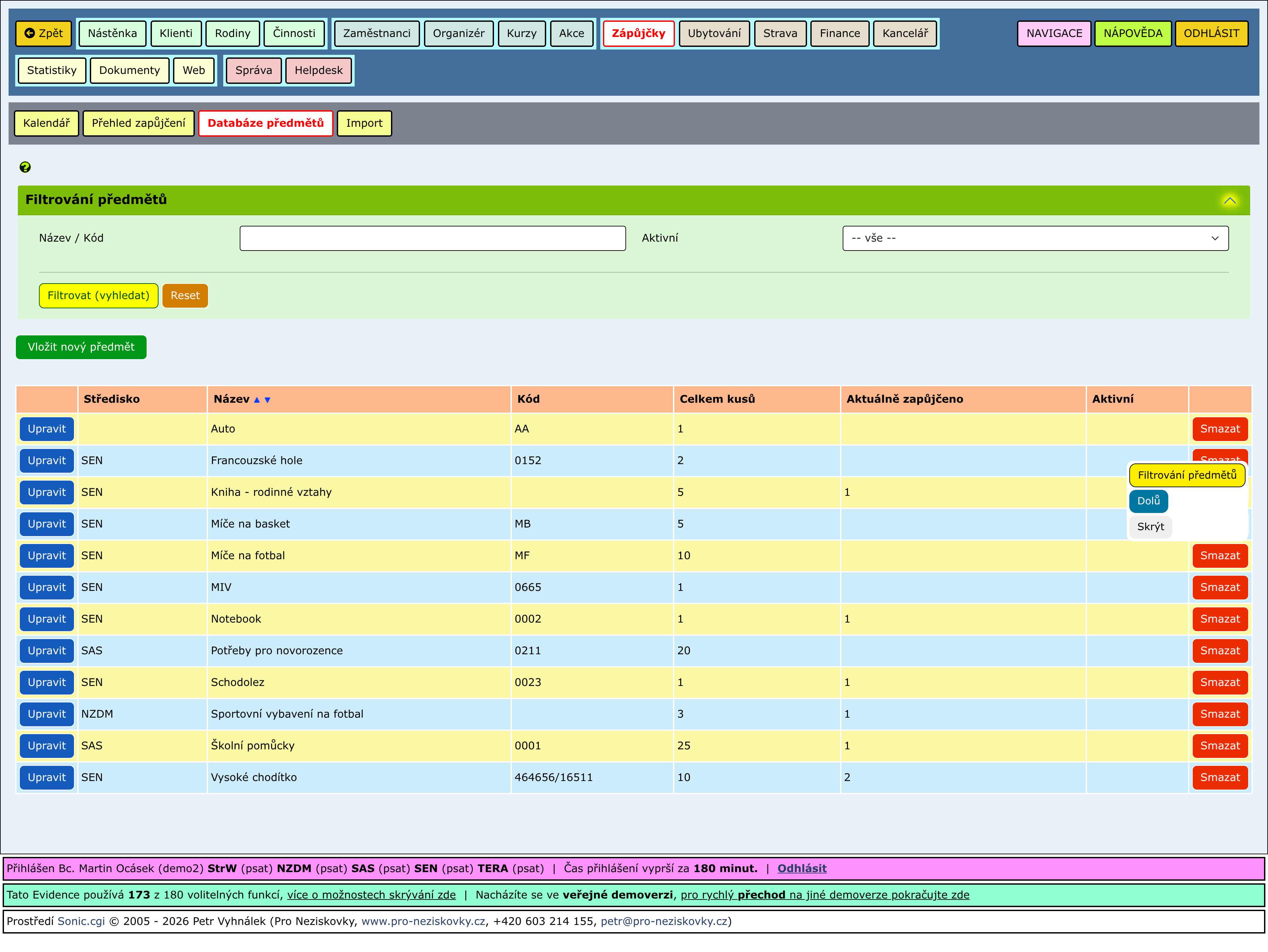 Rozbalené části stránky